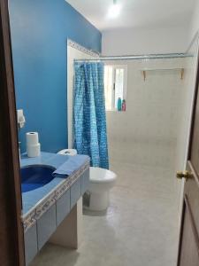 y baño azul con aseo y ducha. en Casa Las Animas en El Carmen