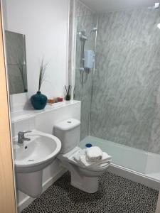 a bathroom with a toilet and a sink and a shower at Broad gauge way in Wolverhampton