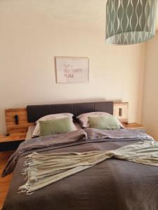 Schlafzimmer mit einem Bett mit einem Kopfteil aus Holz und Kissen in der Unterkunft Wohlfühloase in Sankt Wendel