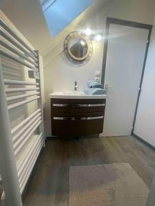 a bathroom with a sink and a mirror at Maison Moderne et Confortable centre Bretagne in Plouguenast Langast +16 photos