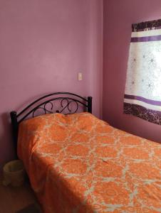 1 dormitorio con 1 cama con edredón de naranja y ventana en casa de campo Angel, en Tehuacán