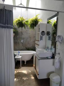 a bathroom with a tub and a toilet and a sink at Habitación con vista al lago in Valle de Bravo +3 photos