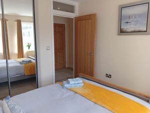1 dormitorio con espejo y 1 cama en una habitación en Barchester House Apartment Standard, en Salisbury