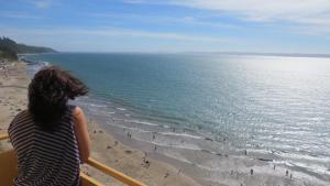 トメにあるDepartamento COSTANERA Playa Bellavista Tomeの海岸を望むバルコニーに立つ女性