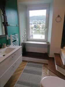 a bathroom with a window with a view of a lake at Voll ausgestattete Wohnung mit Moselblick in Alf