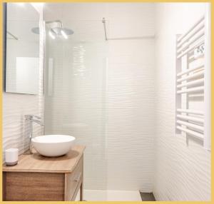 y baño con lavabo y ducha. en Appartement T2 Vue Lac Léman Evian les Bains en Évian-les-Bains
