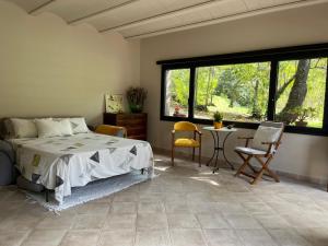 een slaapkamer met een bed en een tafel en stoelen bij Casa de camp Les Tretes in Les Preses