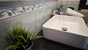La salle de bains est pourvue d'un lavabo blanc et d'une plante en pot. dans l'établissement Villa Rossella, à Scafati