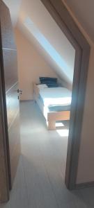 1 dormitorio con 1 cama en el ático en Dovč Family Vacation House en Brežice