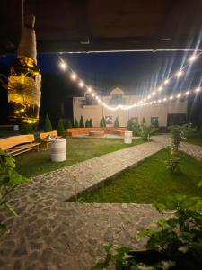 Rîuşor的住宿－Pensiunea Perla Râușor，庭院在晚上提供一瓶啤酒和灯光
