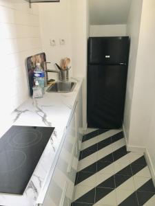 uma cozinha com um lavatório e um frigorífico preto em Le Patio em Bordeaux