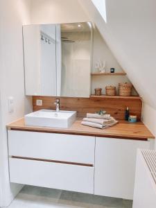 een badkamer met een wastafel en een spiegel bij Cozy Guesthouse in Brugge
