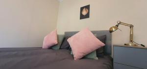- une chambre avec un lit doté d'oreillers roses et verts dans l'établissement Coventry Elite House, à Parkside