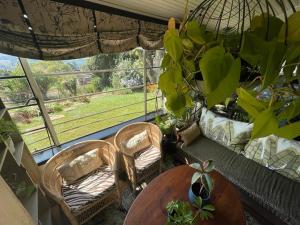 una stanza con due sedie, un tavolo e una finestra di A Bird Cage Stay & Cottage a Haenertsburg
