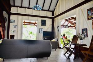 a living room with a couch and a tv at La villa Gevyrolaine in Gros-Morne