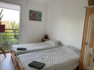 two twin beds in a room with a window at Appartement cosy jardin des plantes avec parking in Nantes