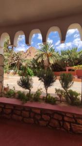 a view of a desert from a building with trees at Auberge Camping Garde of Eden LE LAC in Tinerhir