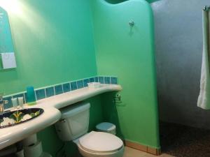 a green bathroom with a toilet and a sink at Casa Elena a unos pasos de la playa Lo de Marcos in Lo de Marcos +11 photos