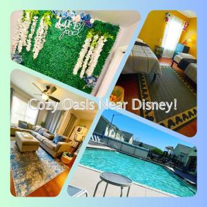 uma colagem de fotografias de uma sala de estar e de uma piscina em Cozy Oasis near Disney! 4 bedroom 3 bath Townhouse! em Kissimmee