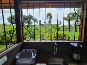 ventana en el baño con vistas al jardín en Cabin in La Fortuna : Ceiba Eco Container, en Fortuna