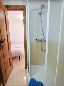 a bathroom with a shower with a glass door at Retiro del Bullaque in El Robledo