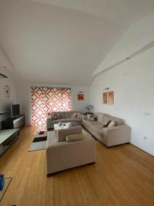 Sala de estar amplia con 2 sofás y TV en Apartman GOGO en Livno