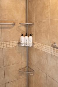 a shower with three bottles on a shelf in a bathroom at Charming Kelowna Haven with Hot Tub, Parking, Pet-Friendly Bliss in Kelowna