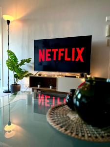 a television with the netflix sign on it in a living room at Appartement on budget in oslo! in Oslo