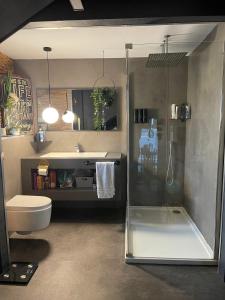 a bathroom with a shower and a toilet and a sink at Unique and Artsy Holiday Shared Home in Purley