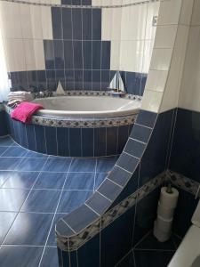 Moutier的住宿－La maison du petit bonheur，蓝色和白色的浴室设有浴缸