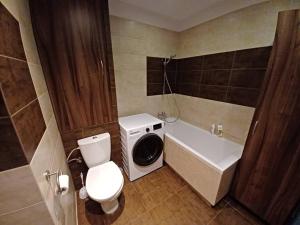 グニェズノにあるPrzytulny Apartament w Gnieźnieのバスルーム(トイレ、洗面台、バスタブ付)