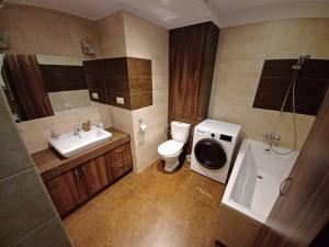 a bathroom with a toilet and a sink and a washing machine at Przytulny Apartament w Gnieźnie in Gniezno