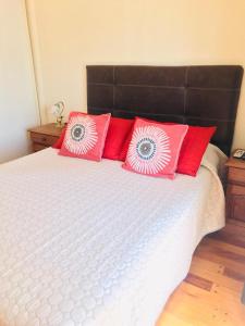 Una cama con almohadas rojas encima. en Departamento a 1 cuadra de calle Aristides en Mendoza