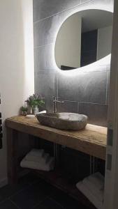a bathroom with a stone sink and a mirror at LE MAZOT-SPA HIVER ET ETE-Piscine-Proche lac-Charme-Détente in Lathuile