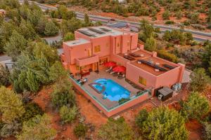 an aerial view of a house with a swimming pool at Sedona Family Vacation in Sedona