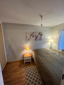 a bedroom with a bed and a table with a lamp at APt 37 in Rovaniemi