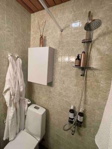 uma casa de banho com um WC e um chuveiro em Central lux location, self check-in, ensuite with full kitchen em Helsínquia