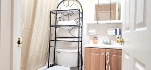 a bathroom with a shower with a toilet and a sink at Modern Two Bedroom Apartment Jamaica Queens, NYC in Hillside +19 photos
