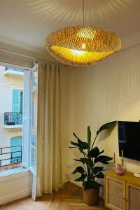 a living room with a chandelier and a plant at CHEZ TAMARA in Nice