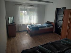 a bedroom with two beds and a television in it at Jani vendégház in Balatonfüred