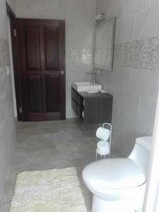 a bathroom with a toilet and a sink and a mirror at Beautiful oceanfront townhouse LA Barqueta Nice Las Olas resort in Guarumal