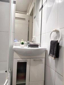 uma casa de banho com um lavatório branco e um espelho. em Apartment Sweet Dreams-Maksimir Ravnice-ZOO-free parking em Zagreb