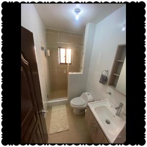 a bathroom with a sink and a toilet and a shower at Apartment city center of puerto Plata in San Felipe de Puerto Plata