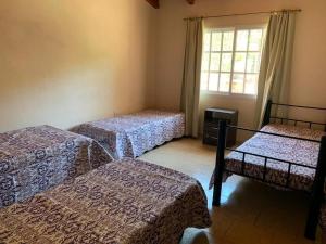 a room with three beds and a window at Cabañas Susurros del Río in Trapiche