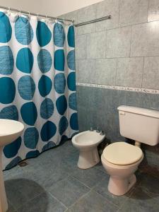 a bathroom with a toilet and a shower curtain at Cabañas Susurros del Río in Trapiche