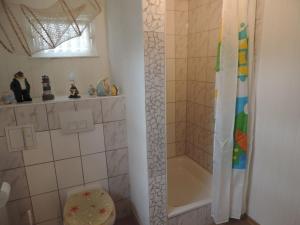 uma casa de banho com um chuveiro, um WC e uma banheira em Ferienhaus Am Dünenwald em Glowe
