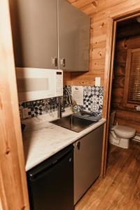 a kitchen with a sink and a microwave at Riverside Resort in Whistler