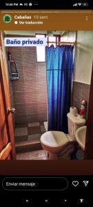 a bathroom with a toilet and a blue shower curtain at Sendero de las aves in Mindo