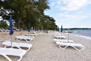 a row of lounge chairs and umbrellas on a beach at Double Room Zambratija 11875a in Zambratija
