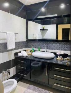 La salle de bains est pourvue d'un lavabo et de toilettes. dans l'établissement Luxury Appartment in Hassan tour, à Rabat